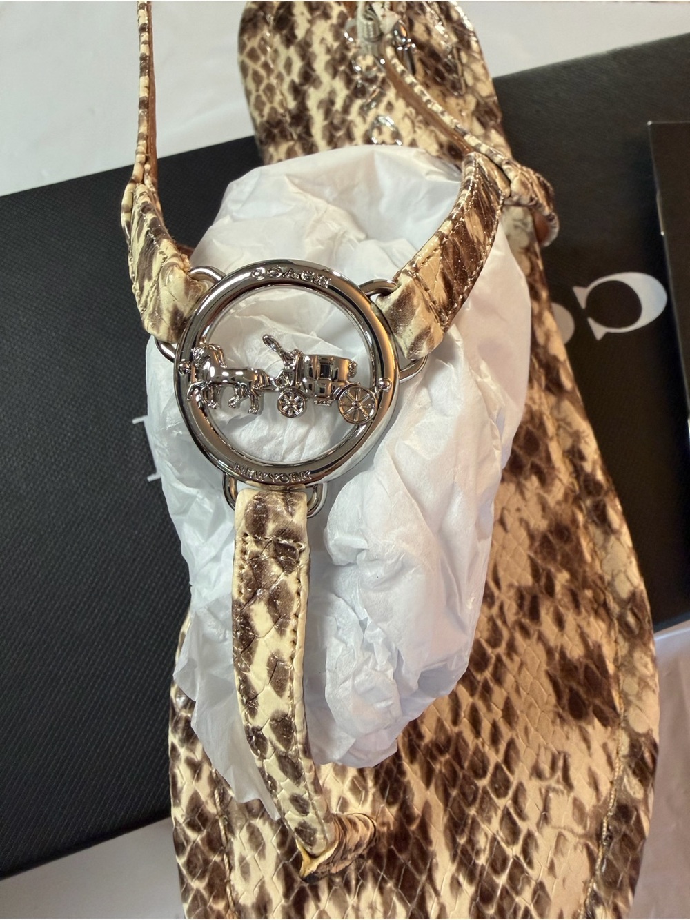 Coach Beige Brown Snake-Print T-Strap Sandal with Silver Logo - Picture 2 of 9